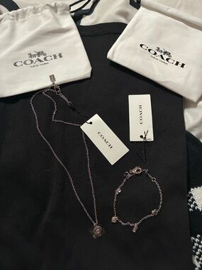 Coach Silver-Tone Heart Necklace and Bracelet Set